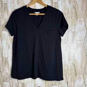 Caslon Womens Large Black V-Neck Short Sleeve Pocket T-Shirt Cotton Modal Blend